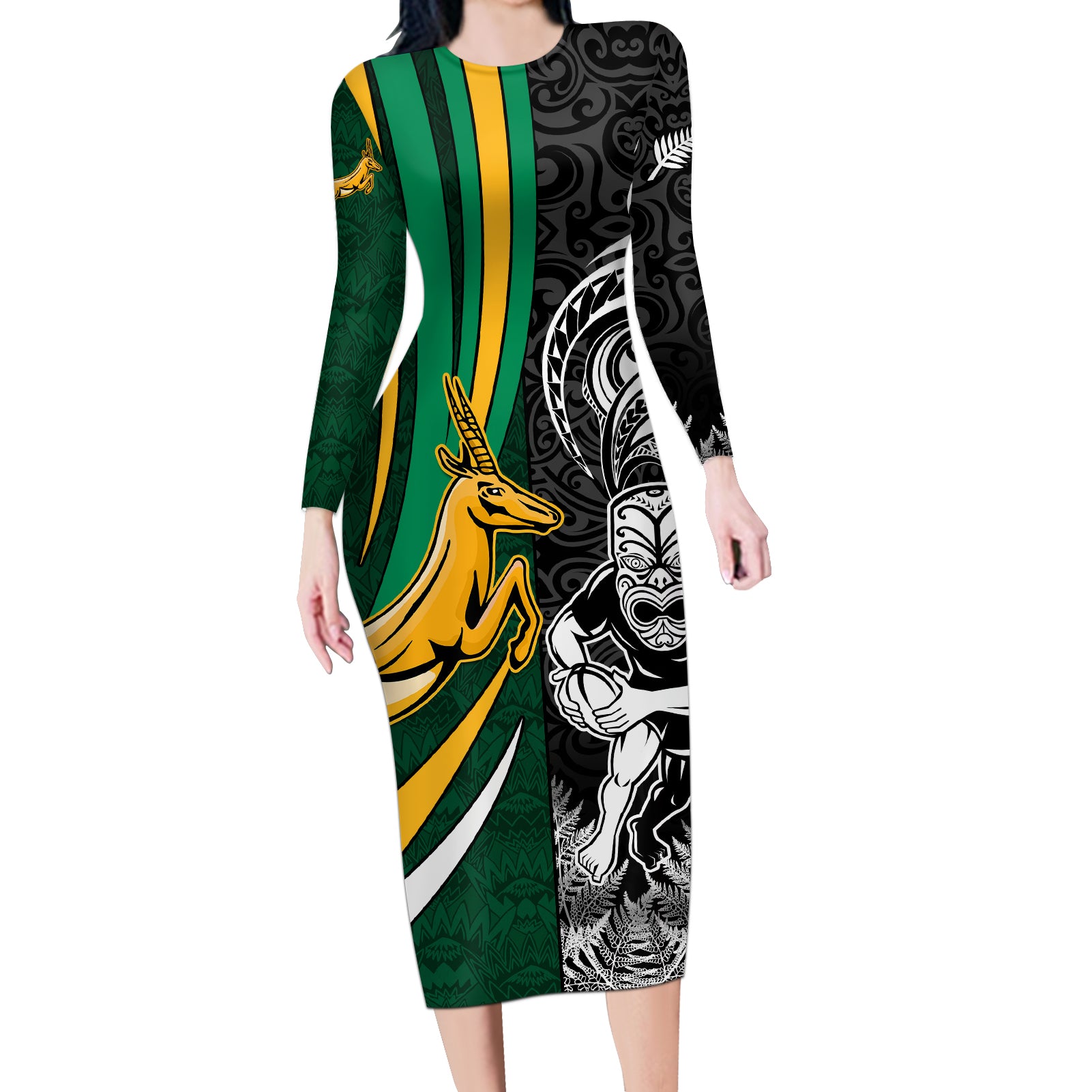 Custom New Zealand and South Africa Rugby Long Sleeve Bodycon Dress Silver Fern Protea Pattern World Cup 2023 - Wonder Print Shop