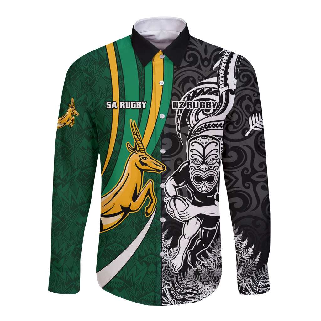 Long-sleeve rugby button shirt with green, black, white and gold contrast panel print
