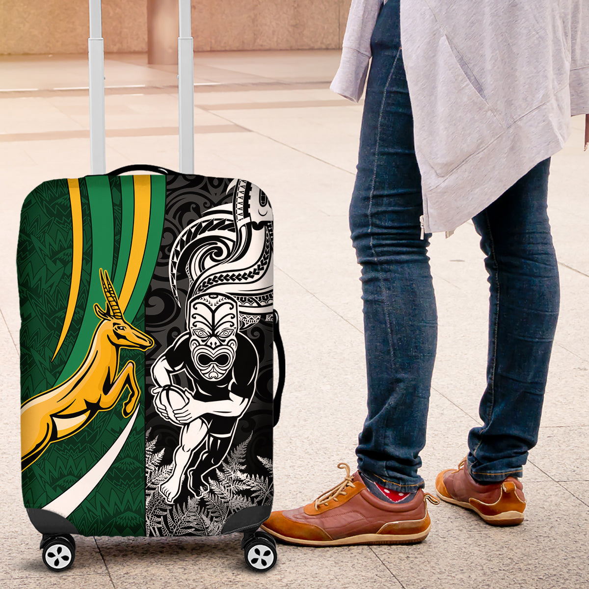 Custom New Zealand and South Africa Rugby Luggage Cover Silver Fern Protea Pattern World Cup 2023 - Wonder Print Shop