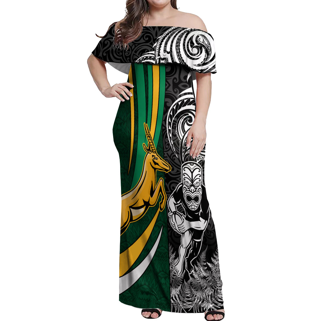 Custom New Zealand and South Africa Rugby Off Shoulder Maxi Dress Silver Fern Protea Pattern World Cup 2023 - Wonder Print Shop