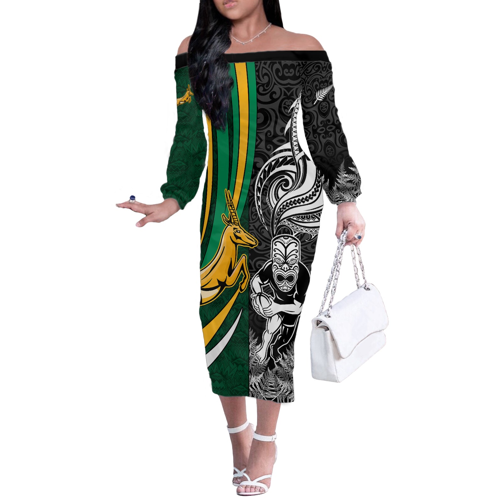 Custom New Zealand and South Africa Rugby Off The Shoulder Long Sleeve Dress Silver Fern Protea Pattern World Cup 2023 - Wonder Print Shop