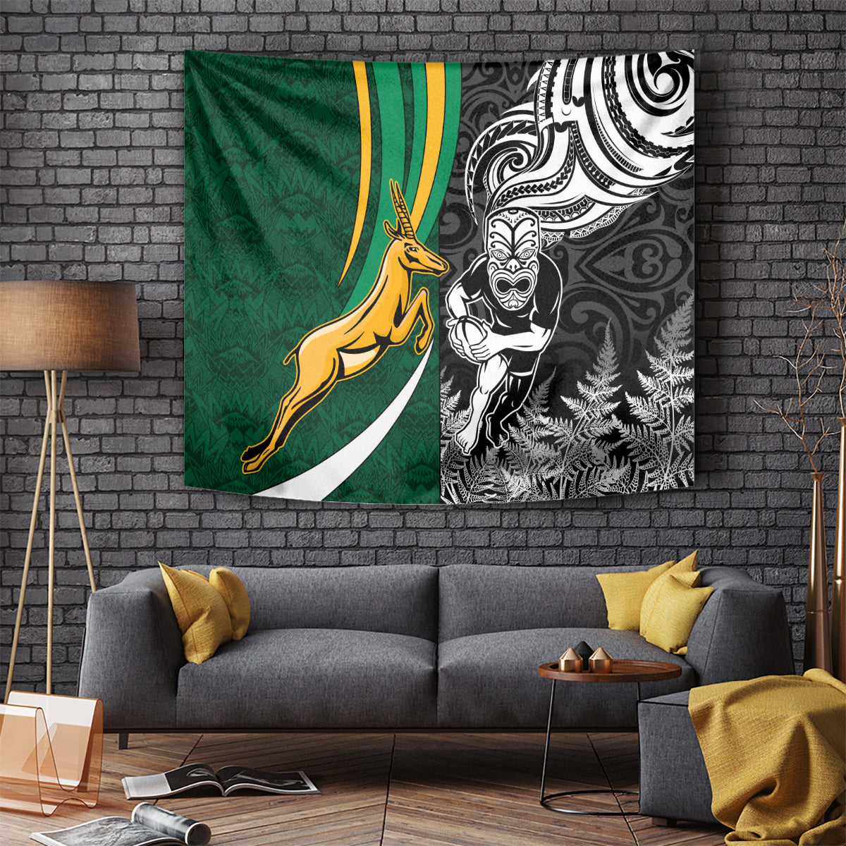 Rugby-themed wall tapestry with green left panel, gold jumping animal, and black tribal artwork