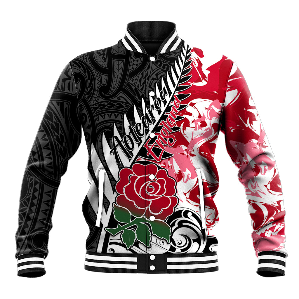 Custom New Zealand and England Rugby Baseball Jacket Silver Fern With Red Rose World Cup 2023 - Wonder Print Shop