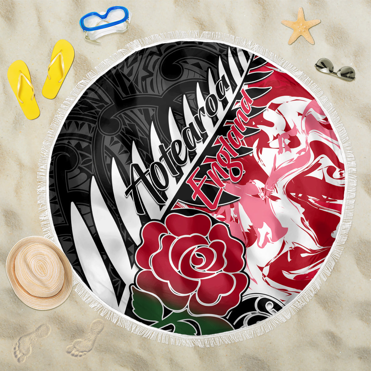 Custom New Zealand and England Rugby Beach Blanket Silver Fern With Red Rose World Cup 2023 - Wonder Print Shop