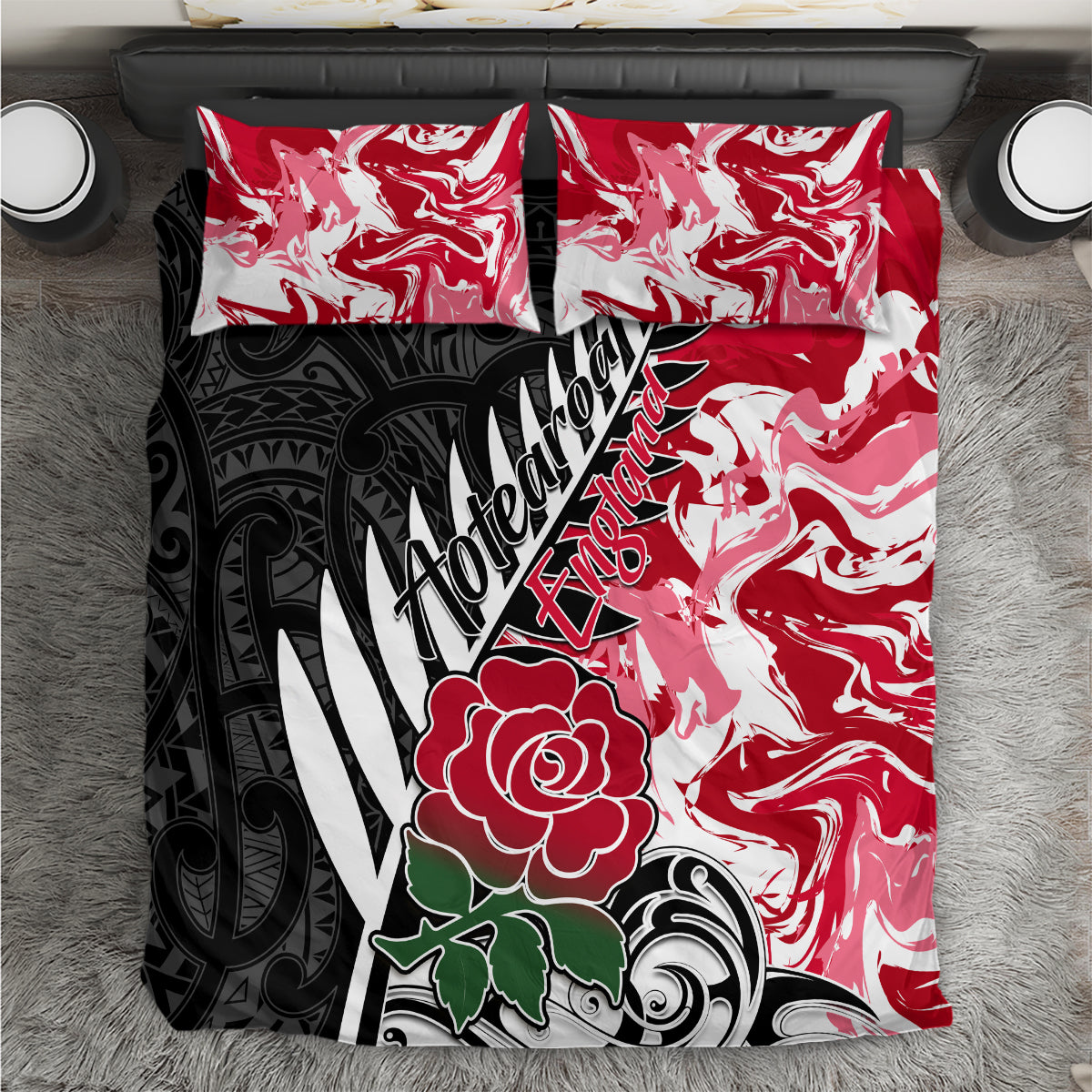 Custom New Zealand and England Rugby Bedding Set Silver Fern With Red Rose World Cup 2023 - Wonder Print Shop