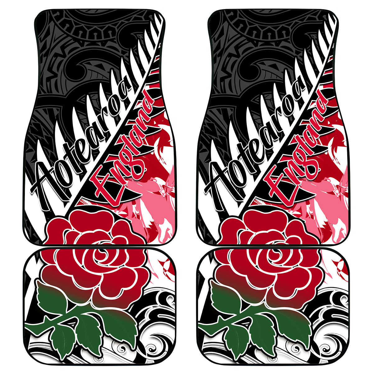 Custom New Zealand and England Rugby Car Mats Silver Fern With Red Rose World Cup 2023 - Wonder Print Shop