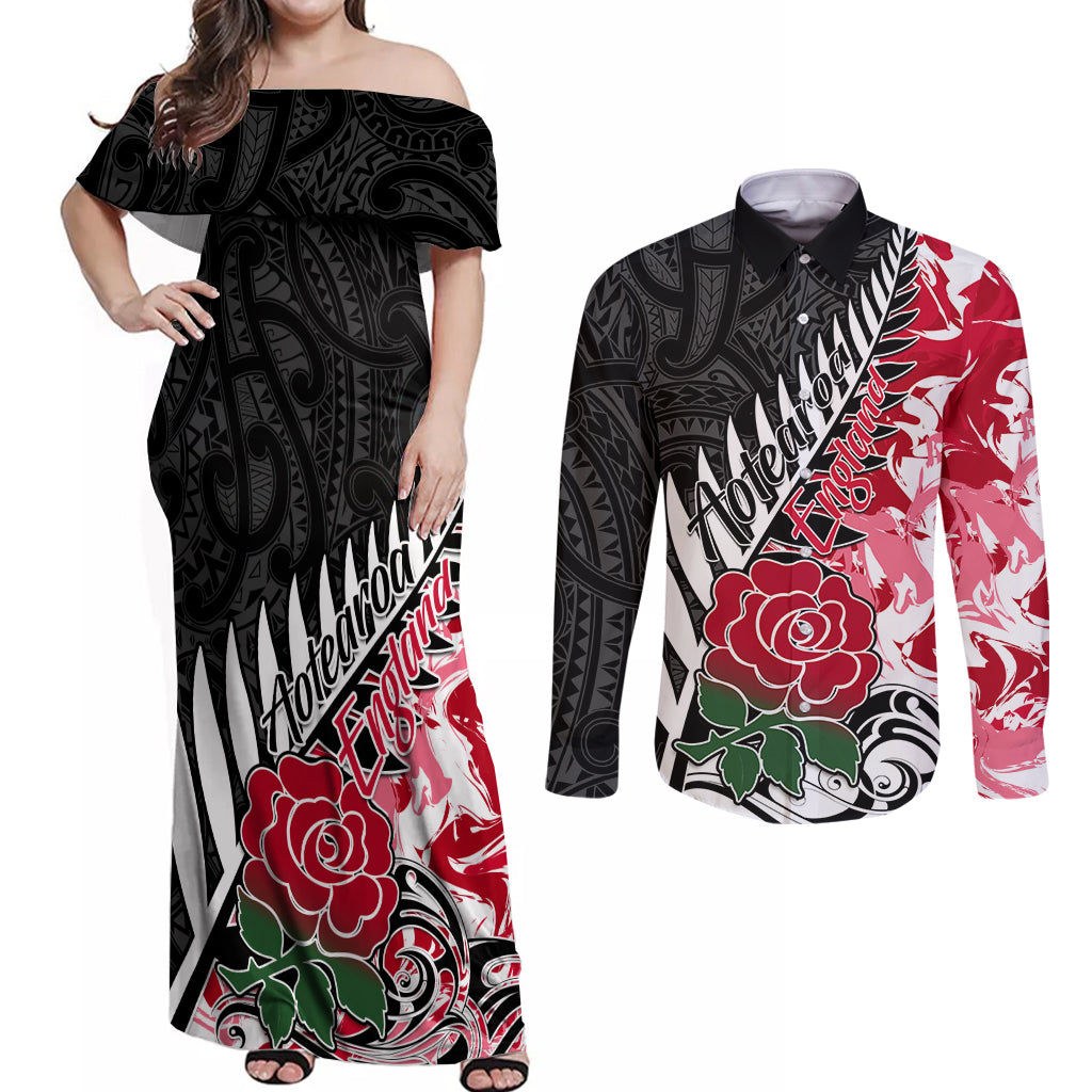 Custom New Zealand and England Rugby Couples Matching Off Shoulder Maxi Dress and Long Sleeve Button Shirt Silver Fern With Red Rose World Cup 2023 - Wonder Print Shop