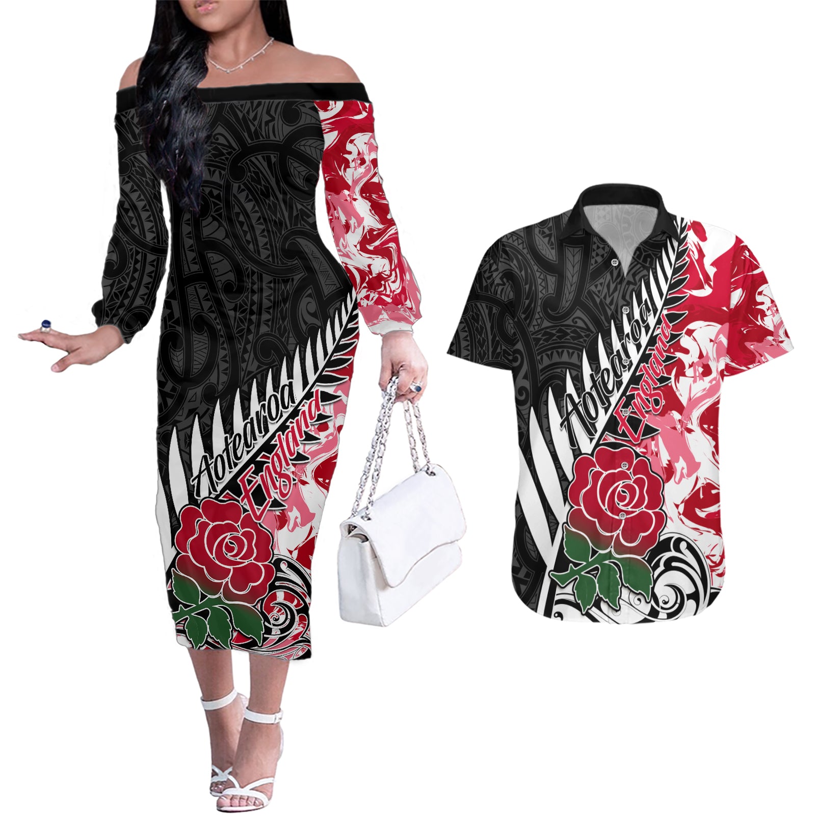 Custom New Zealand and England Rugby Couples Matching Off The Shoulder Long Sleeve Dress and Hawaiian Shirt Silver Fern With Red Rose World Cup 2023 - Wonder Print Shop