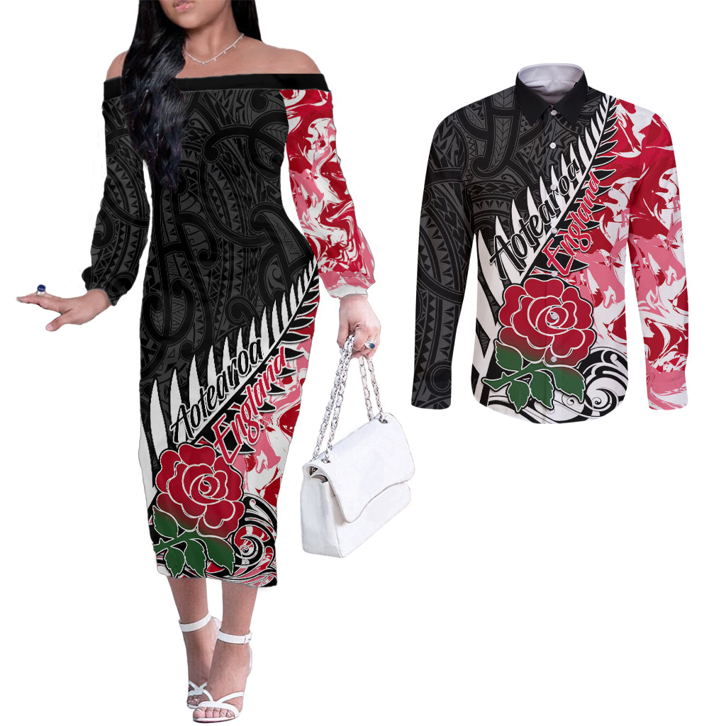 custom-new-zealand-and-england-rugby-couples-matching-off-the-shoulder-long-sleeve-dress-and-long-sleeve-button-shirt-silver-fern-with-red-rose-world-cup-2023