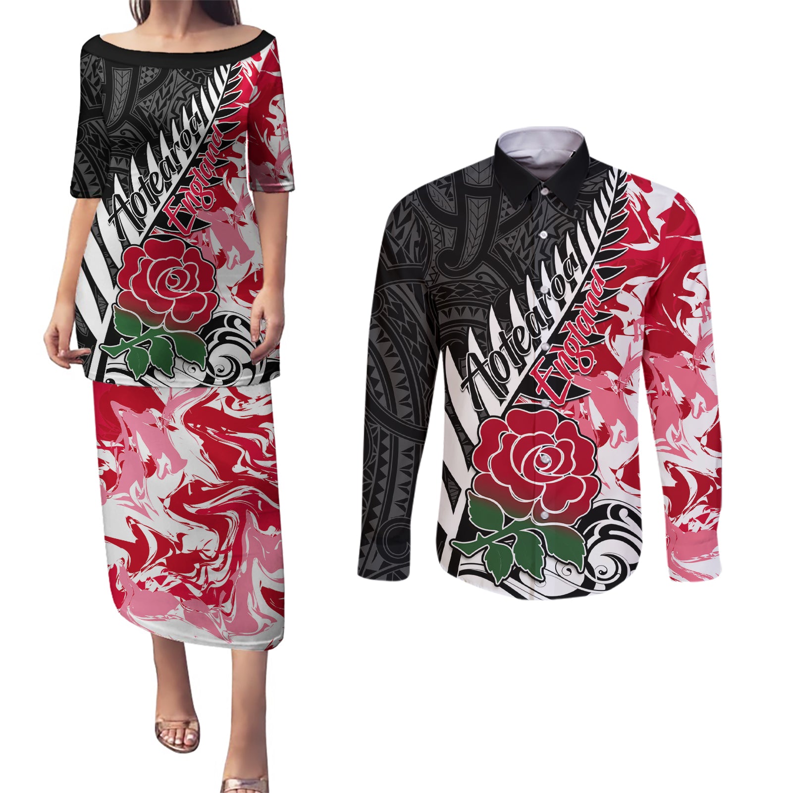 Custom New Zealand and England Rugby Couples Matching Puletasi Dress and Long Sleeve Button Shirt Silver Fern With Red Rose World Cup 2023 - Wonder Print Shop