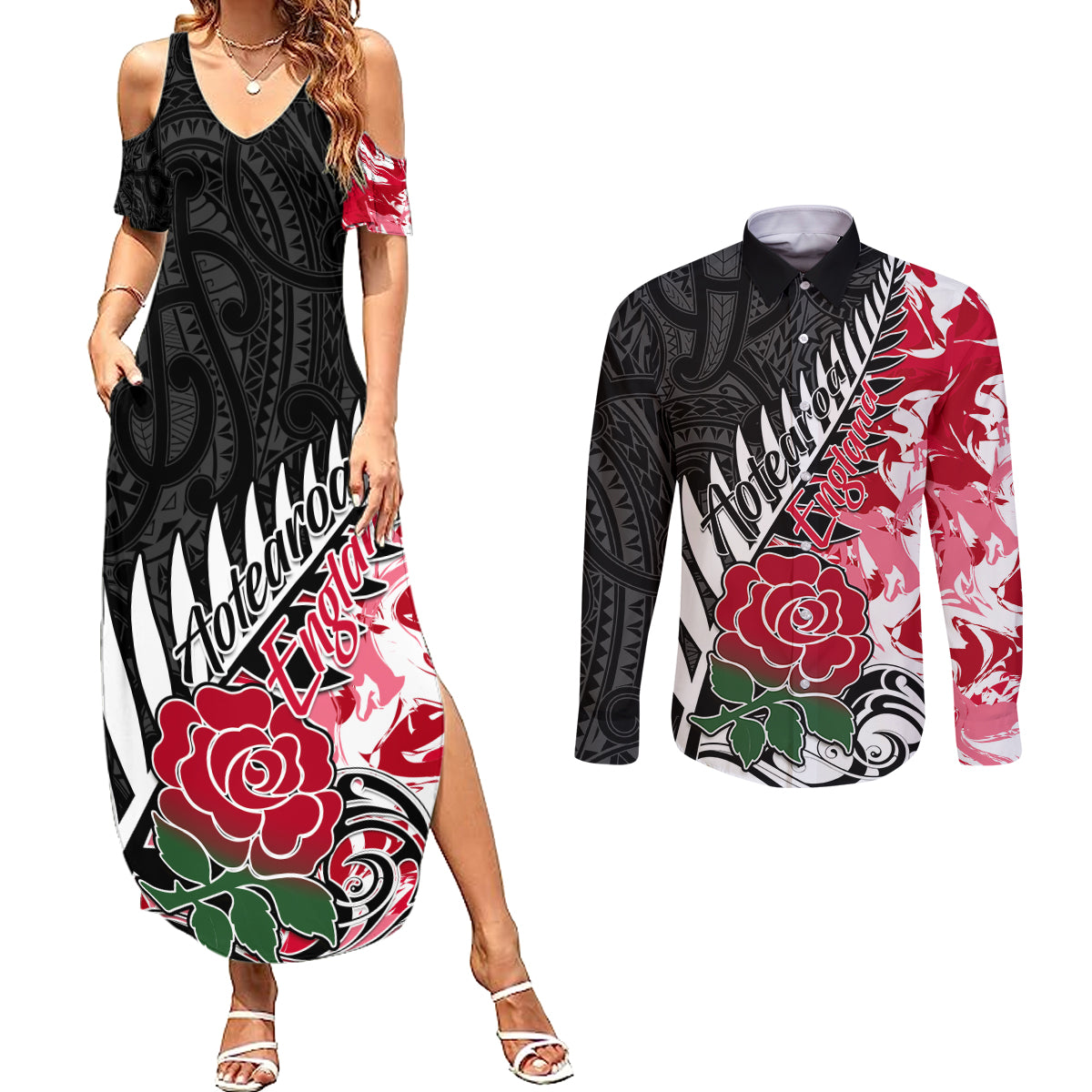 Custom New Zealand and England Rugby Couples Matching Summer Maxi Dress and Long Sleeve Button Shirt Silver Fern With Red Rose World Cup 2023 - Wonder Print Shop