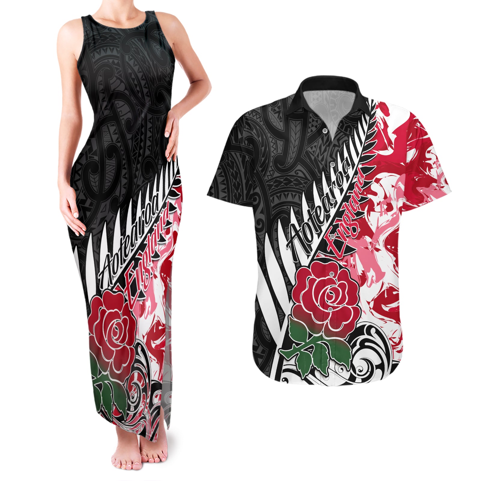 Custom New Zealand and England Rugby Couples Matching Tank Maxi Dress and Hawaiian Shirt Silver Fern With Red Rose World Cup 2023 - Wonder Print Shop