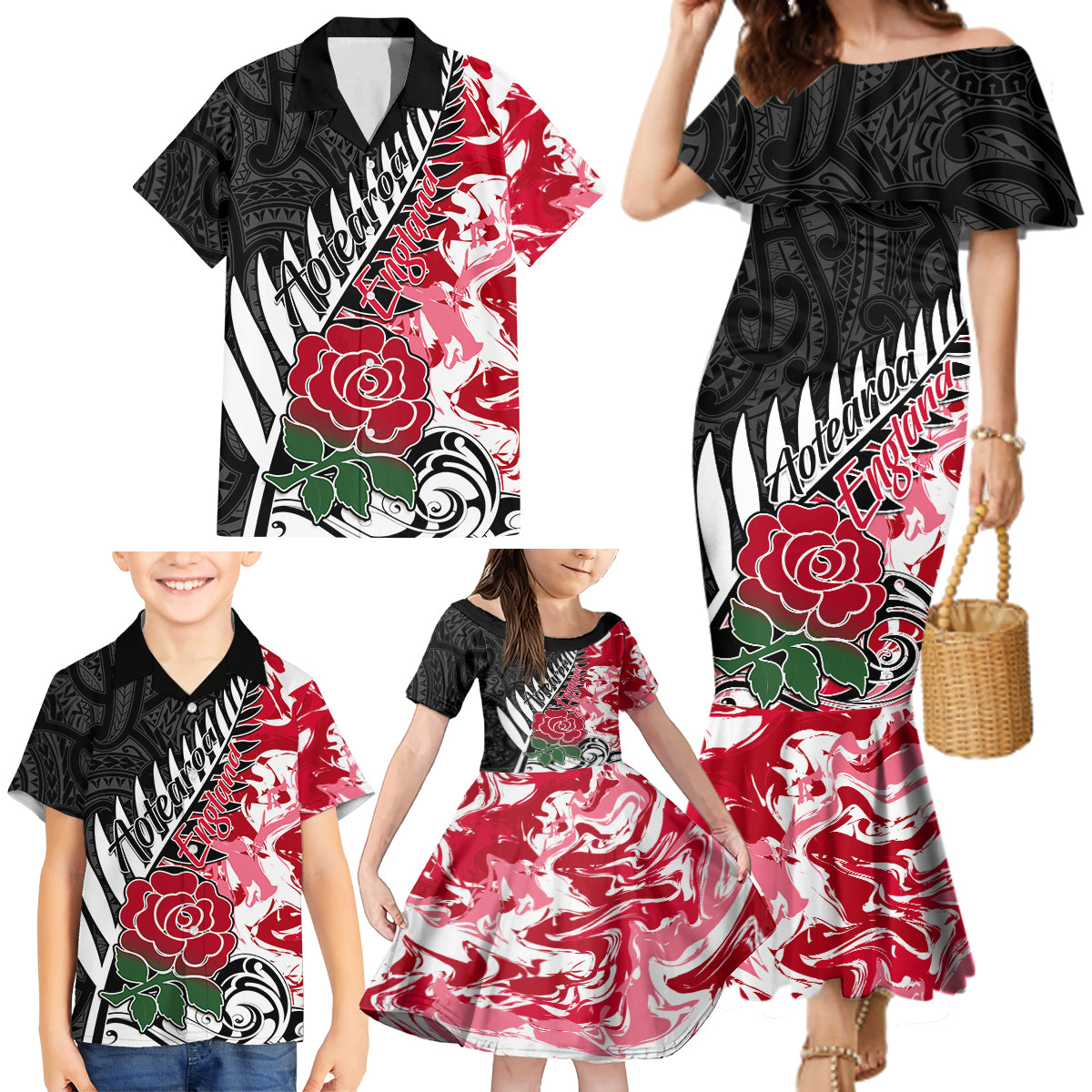 Custom New Zealand and England Rugby Family Matching Mermaid Dress and Hawaiian Shirt Silver Fern With Red Rose World Cup 2023 - Wonder Print Shop