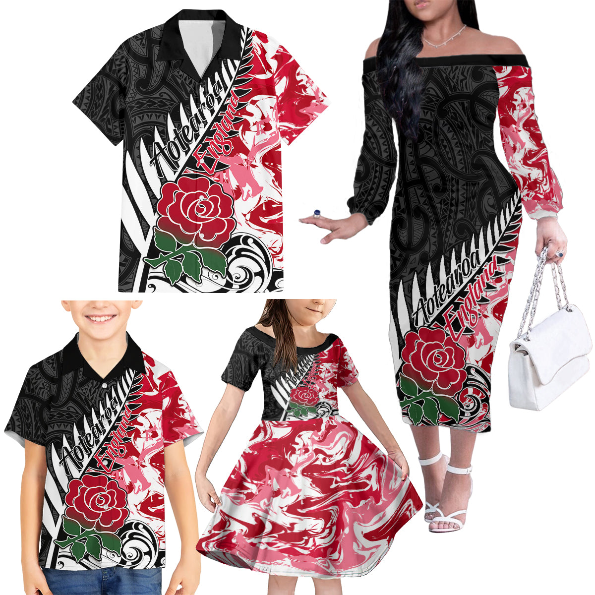 Custom New Zealand and England Rugby Family Matching Off Shoulder Long Sleeve Dress and Hawaiian Shirt Silver Fern With Red Rose World Cup 2023 - Wonder Print Shop