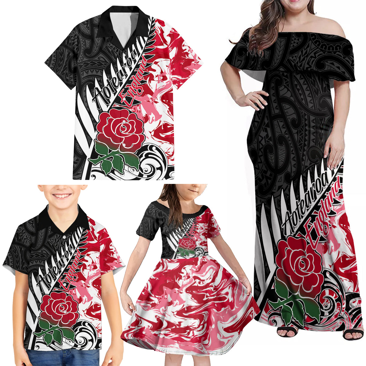 Custom New Zealand and England Rugby Family Matching Off Shoulder Maxi Dress and Hawaiian Shirt Silver Fern With Red Rose World Cup 2023 - Wonder Print Shop