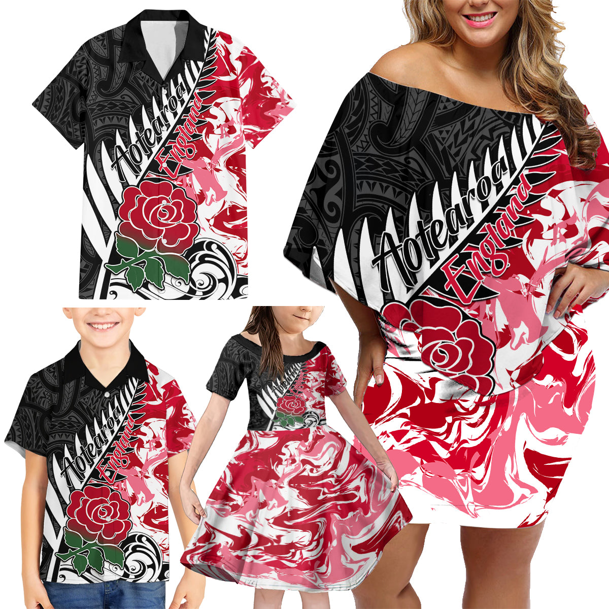 Custom New Zealand and England Rugby Family Matching Off Shoulder Short Dress and Hawaiian Shirt Silver Fern With Red Rose World Cup 2023 - Wonder Print Shop