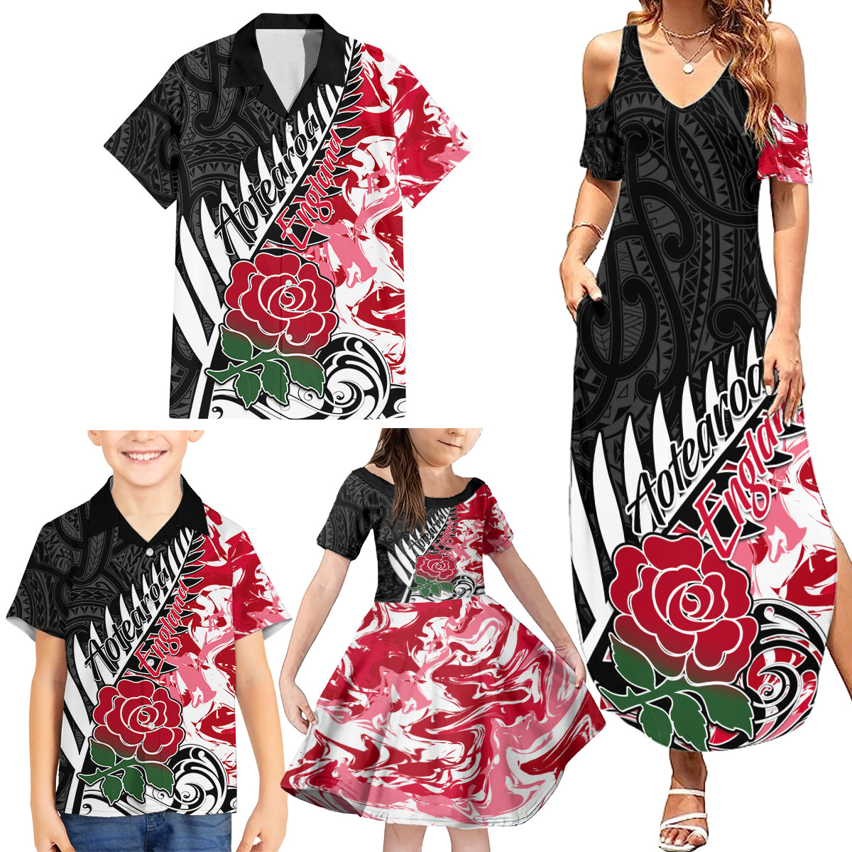 Custom New Zealand and England Rugby Family Matching Summer Maxi Dress and Hawaiian Shirt Silver Fern With Red Rose World Cup 2023 - Wonder Print Shop