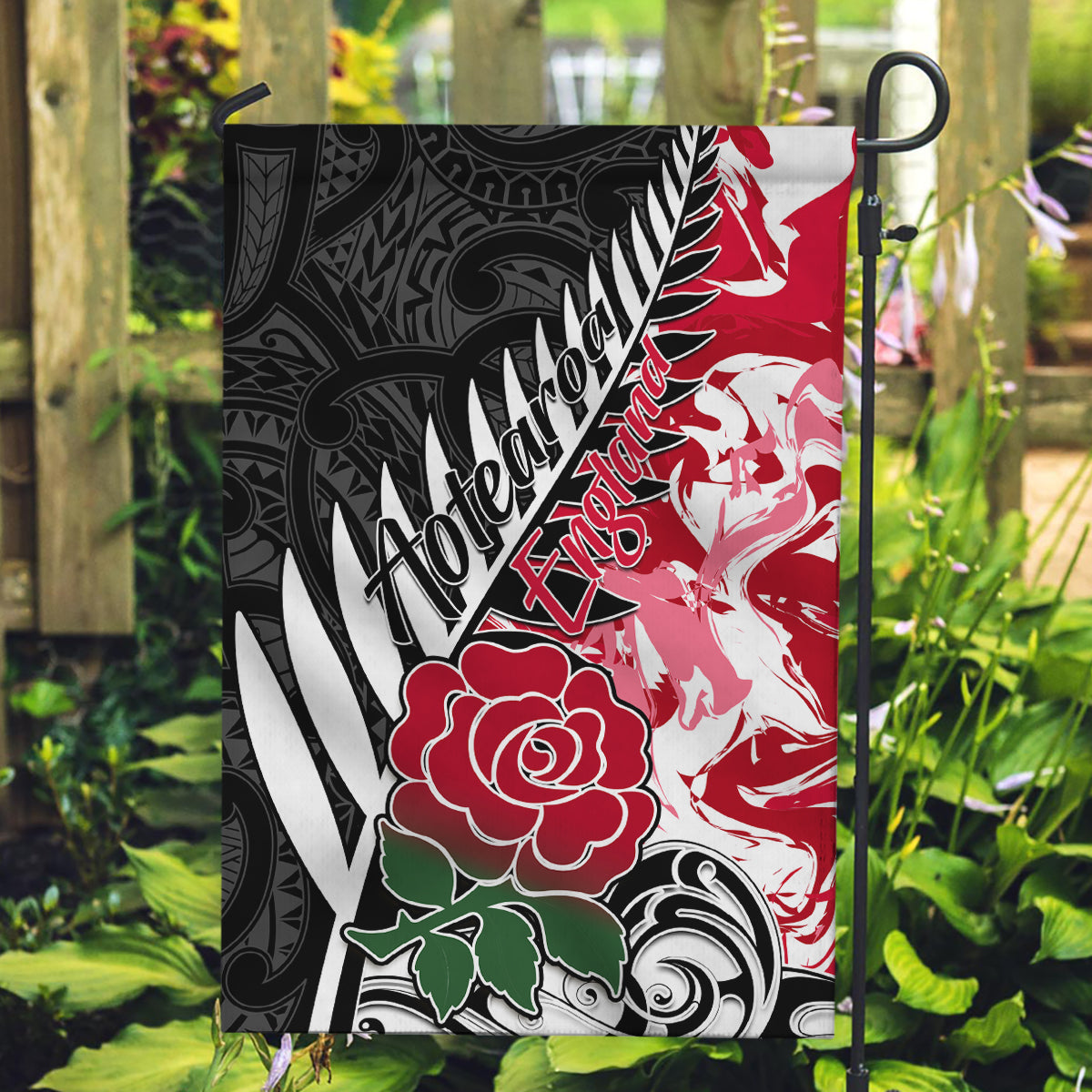 Custom New Zealand and England Rugby Garden Flag Silver Fern With Red Rose World Cup 2023 - Wonder Print Shop