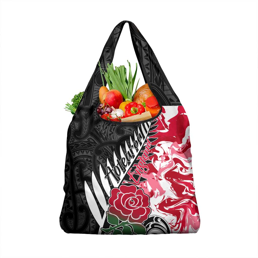 Custom New Zealand and England Rugby Grocery Bag Silver Fern With Red Rose World Cup 2023