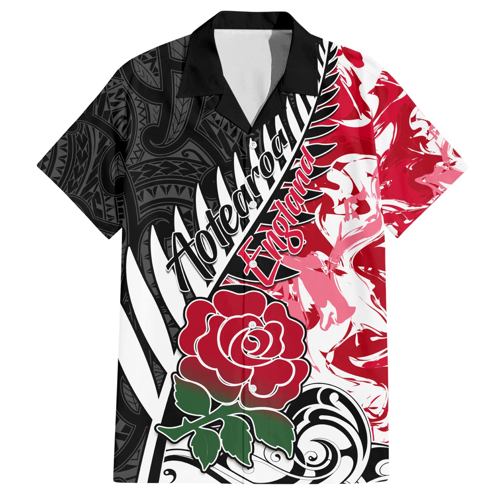 Custom New Zealand and England Rugby Hawaiian Shirt Silver Fern With Red Rose World Cup 2023 - Wonder Print Shop