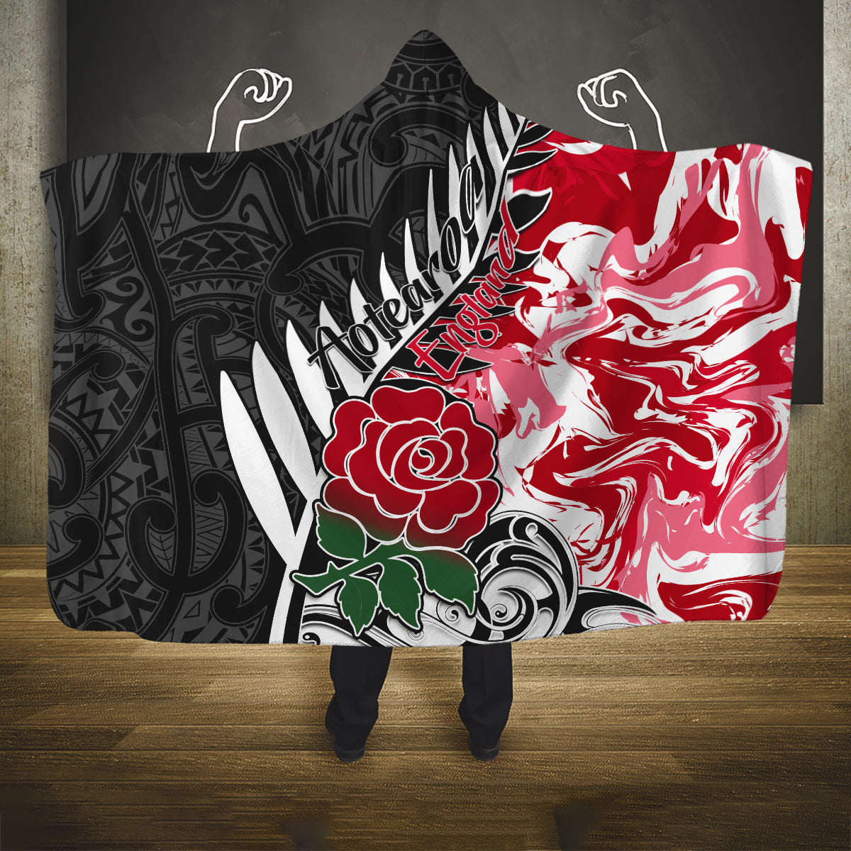 custom-new-zealand-and-england-rugby-hooded-blanket-silver-fern-with-red-rose-world-cup-2023