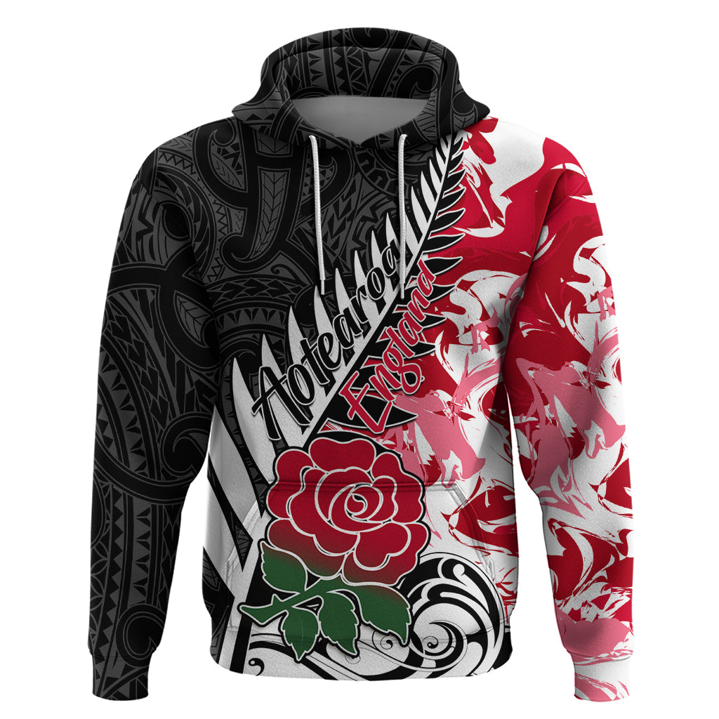 Custom New Zealand and England Rugby Hoodie Silver Fern With Red Rose World Cup 2023 - Wonder Print Shop