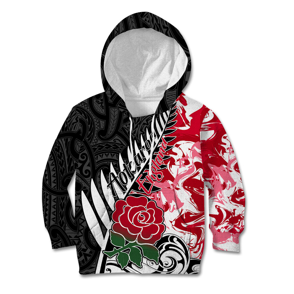 Custom New Zealand and England Rugby Kid Hoodie Silver Fern With Red Rose World Cup 2023 - Wonder Print Shop