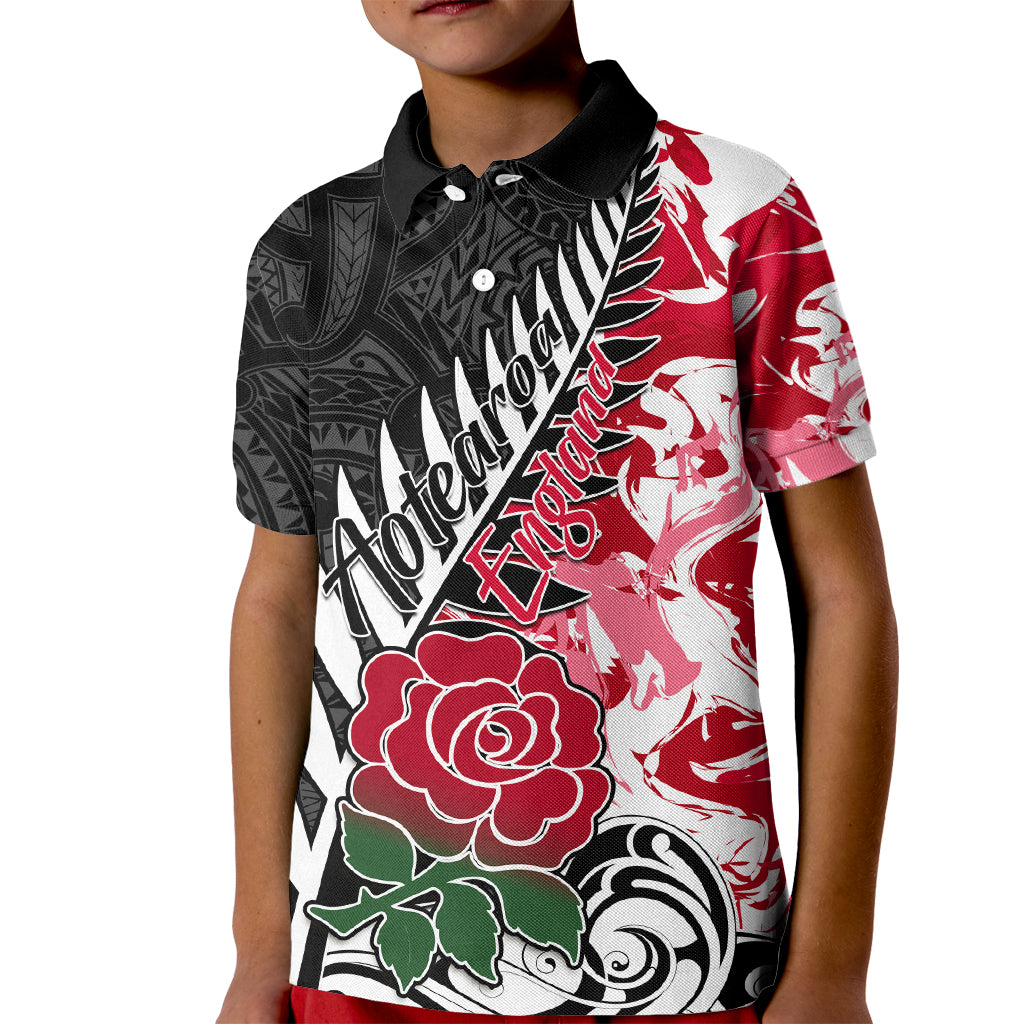 Custom New Zealand and England Rugby Kid Polo Shirt Silver Fern With Red Rose World Cup 2023 - Wonder Print Shop