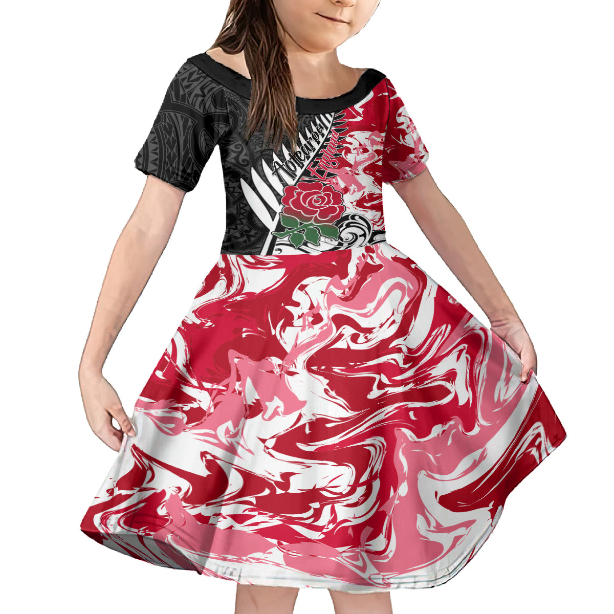 Custom New Zealand and England Rugby Kid Short Sleeve Dress Silver Fern With Red Rose World Cup 2023 - Wonder Print Shop