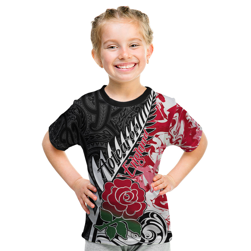 Custom New Zealand and England Rugby Kid T Shirt Silver Fern With Red Rose World Cup 2023 - Wonder Print Shop