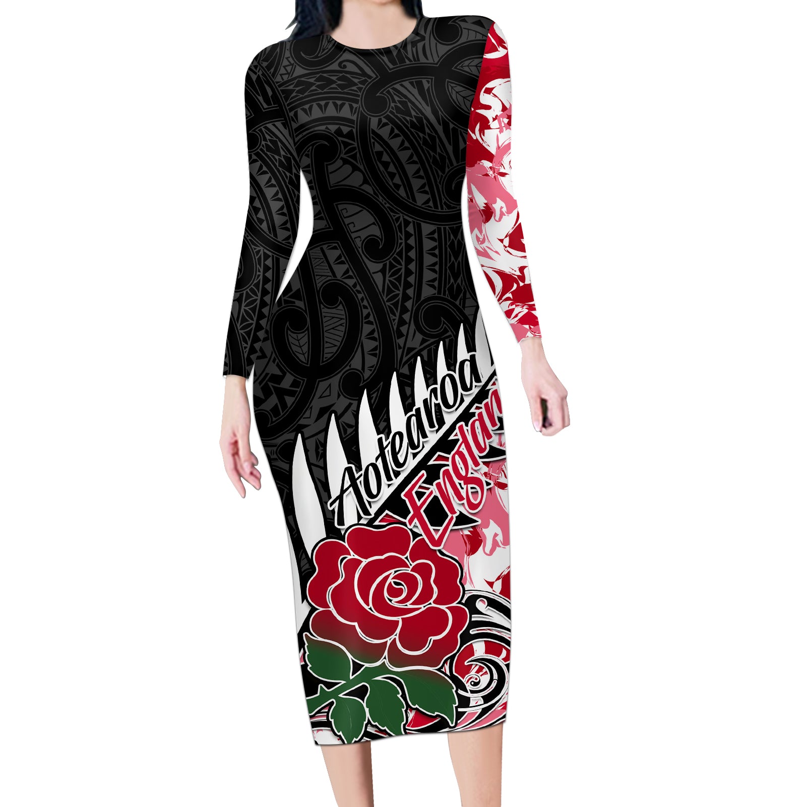 Custom New Zealand and England Rugby Long Sleeve Bodycon Dress Silver Fern With Red Rose World Cup 2023 - Wonder Print Shop