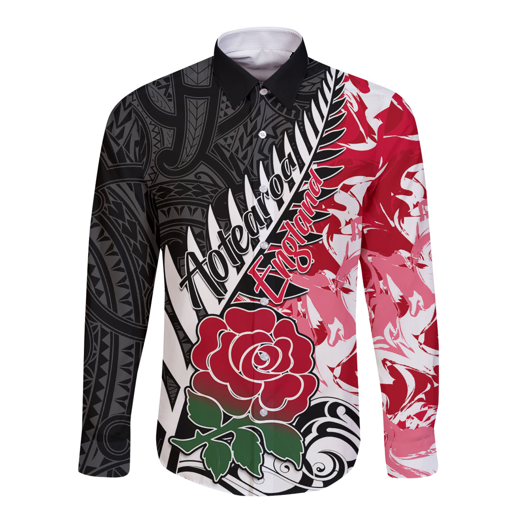 Custom New Zealand and England Rugby Long Sleeve Button Shirt Silver Fern With Red Rose World Cup 2023 - Wonder Print Shop