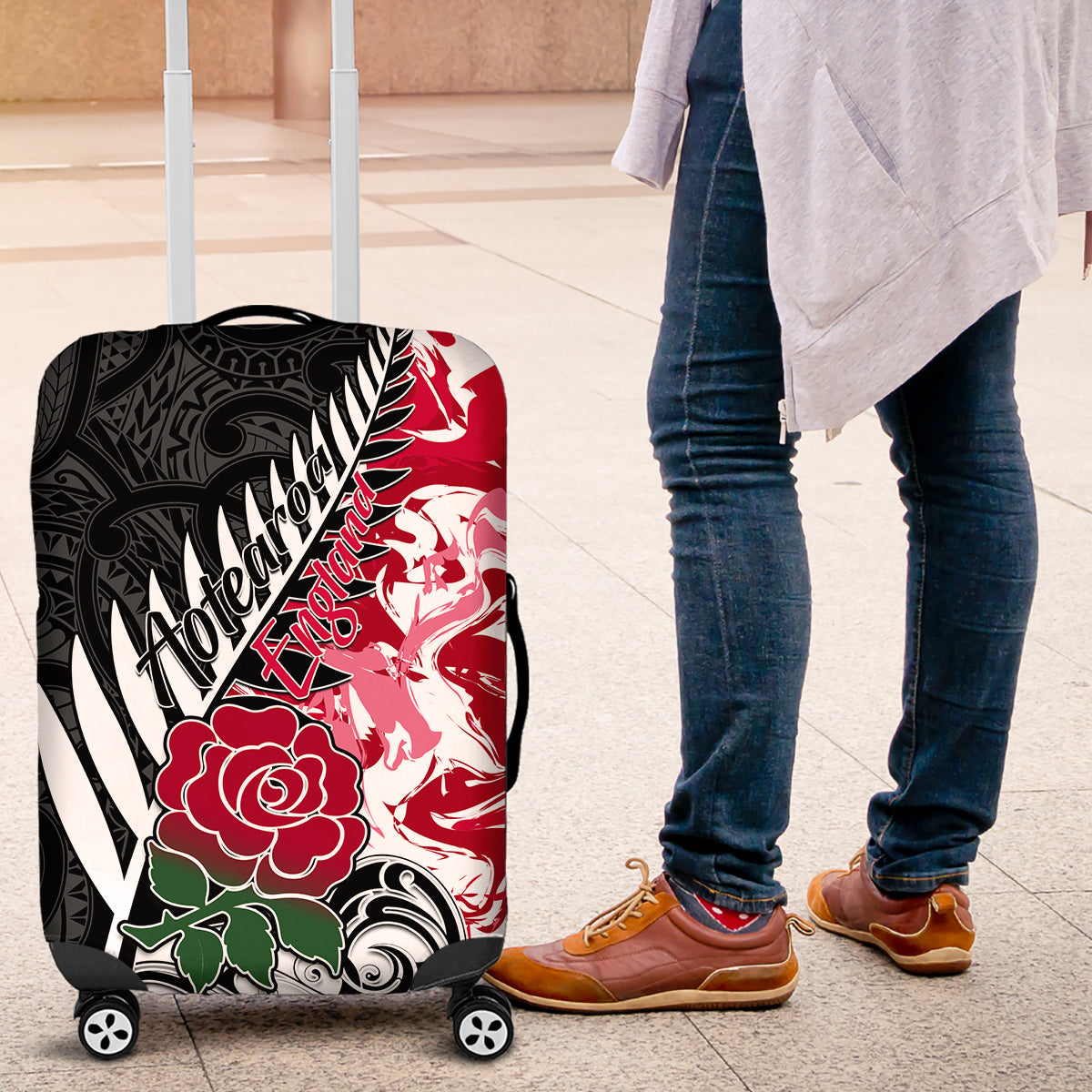 Custom New Zealand and England Rugby Luggage Cover Silver Fern With Red Rose World Cup 2023 - Wonder Print Shop