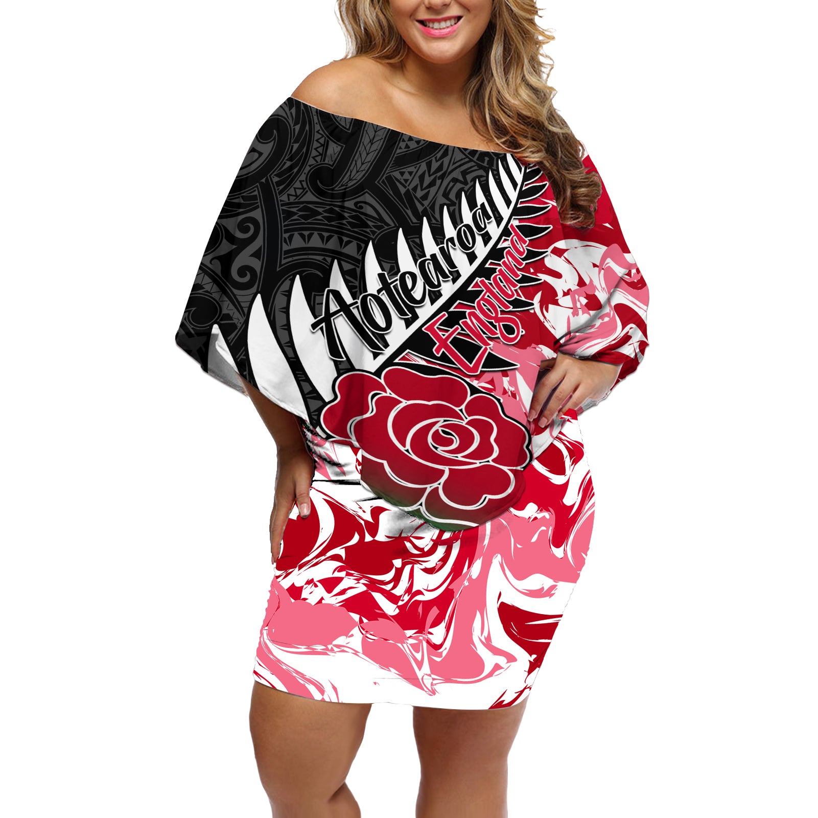 Custom New Zealand and England Rugby Off Shoulder Short Dress Silver Fern With Red Rose World Cup 2023 - Wonder Print Shop