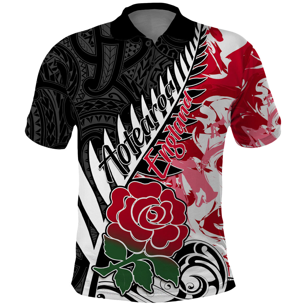 Custom New Zealand and England Rugby Polo Shirt Silver Fern With Red Rose World Cup 2023 - Wonder Print Shop