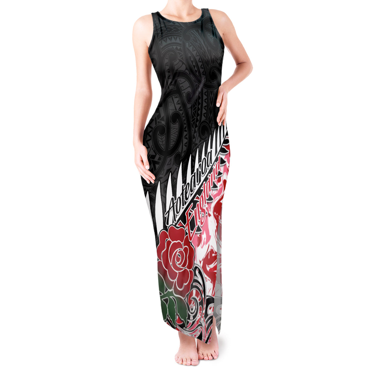 custom-new-zealand-and-england-rugby-tank-maxi-dress-silver-fern-with-red-rose-world-cup-2023