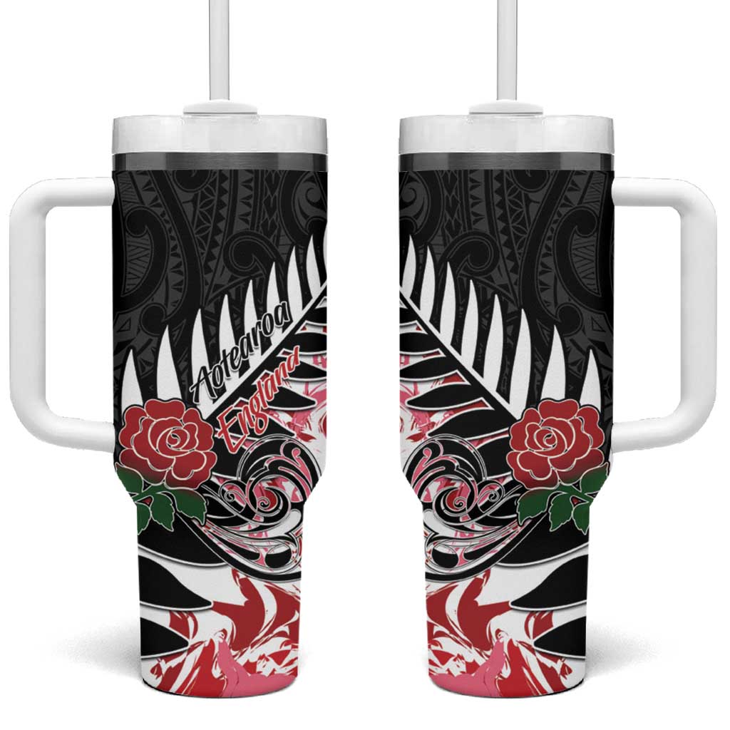 New Zealand and England Rugby Tumbler With Handle Silver Fern With Red Rose