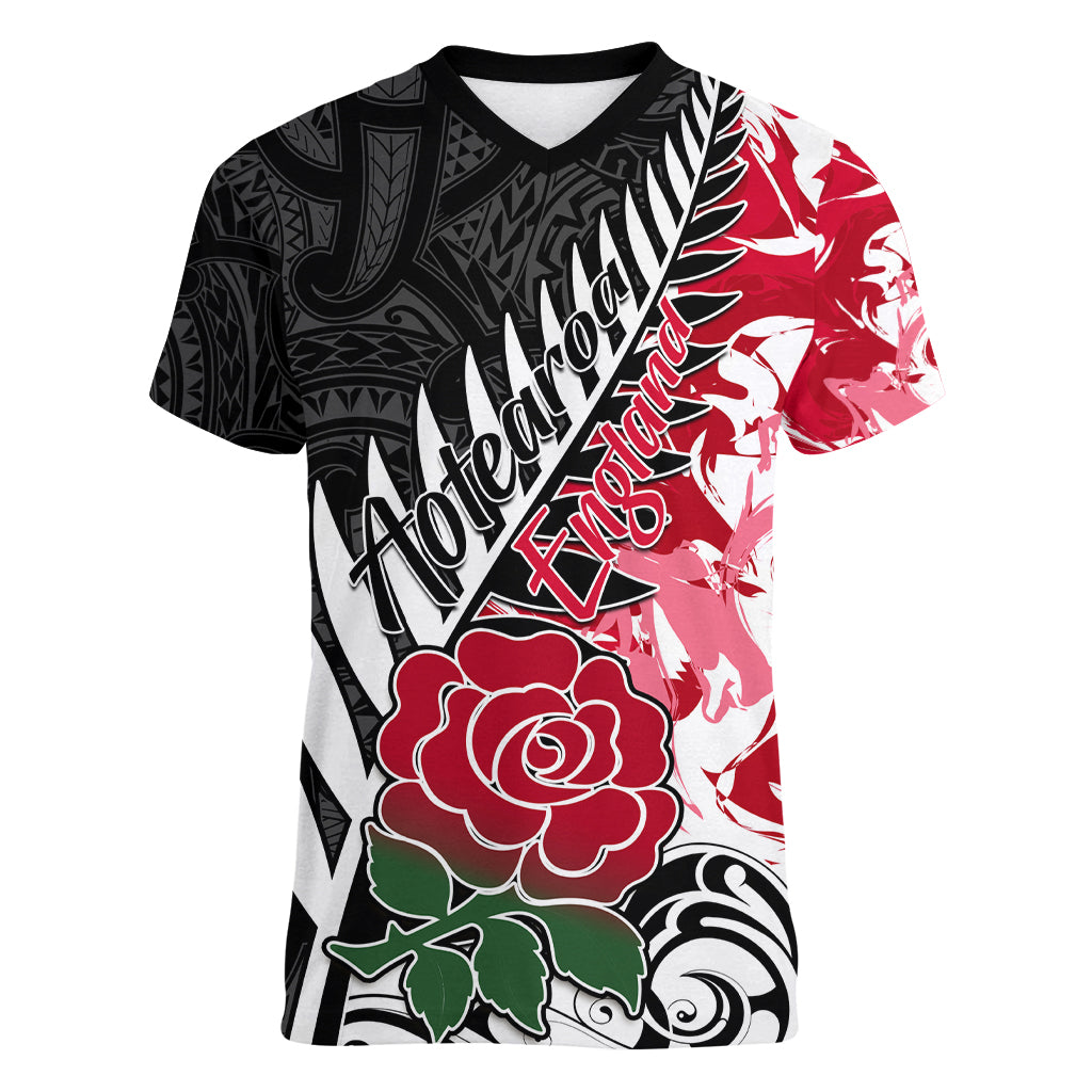 custom-new-zealand-and-england-rugby-women-v-neck-t-shirt-silver-fern-with-red-rose-world-cup-2023