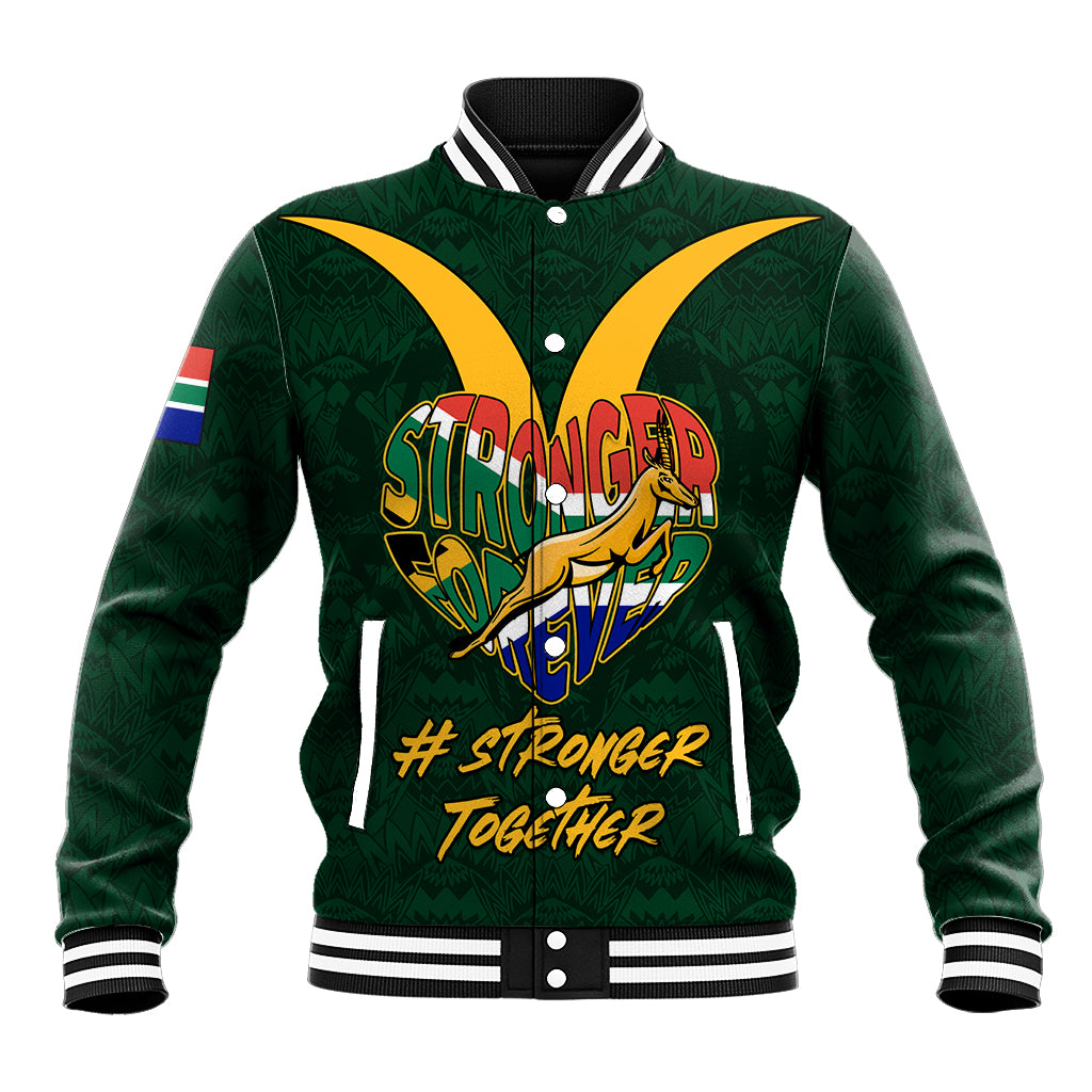 Green varsity-style baseball jacket with striped collar and bold front emblem #STRONGER TOGETHER