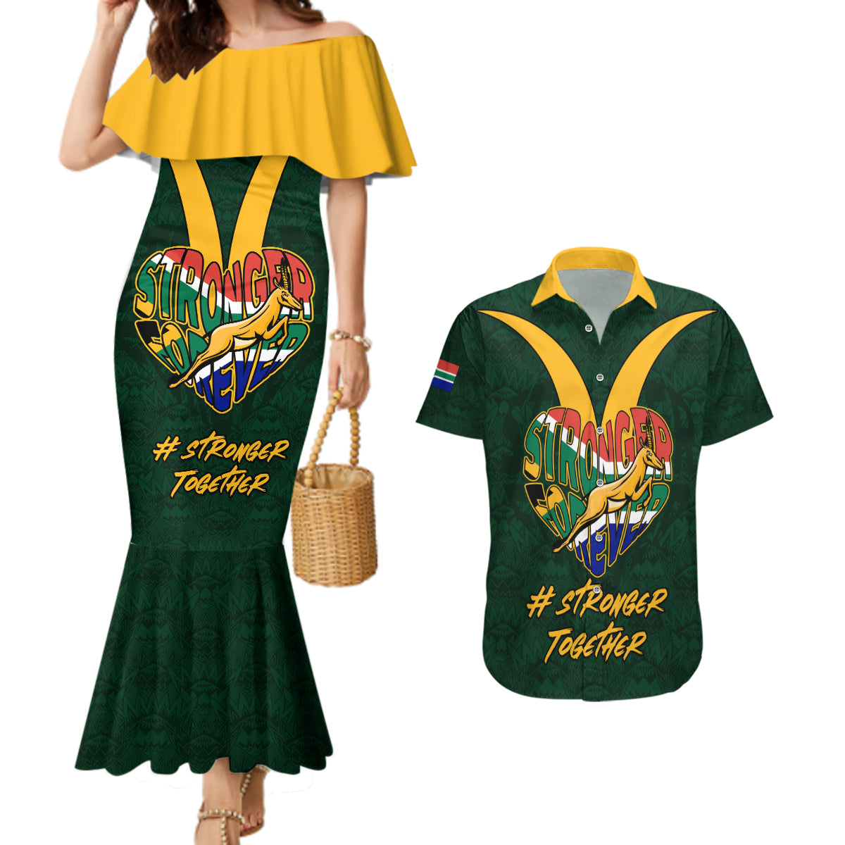 Custom South Africa Rugby Couples Matching Mermaid Dress and Hawaiian Shirt Stronger Together Stronger Forever Bokke World Cup 2023 - Wonder Print Shop