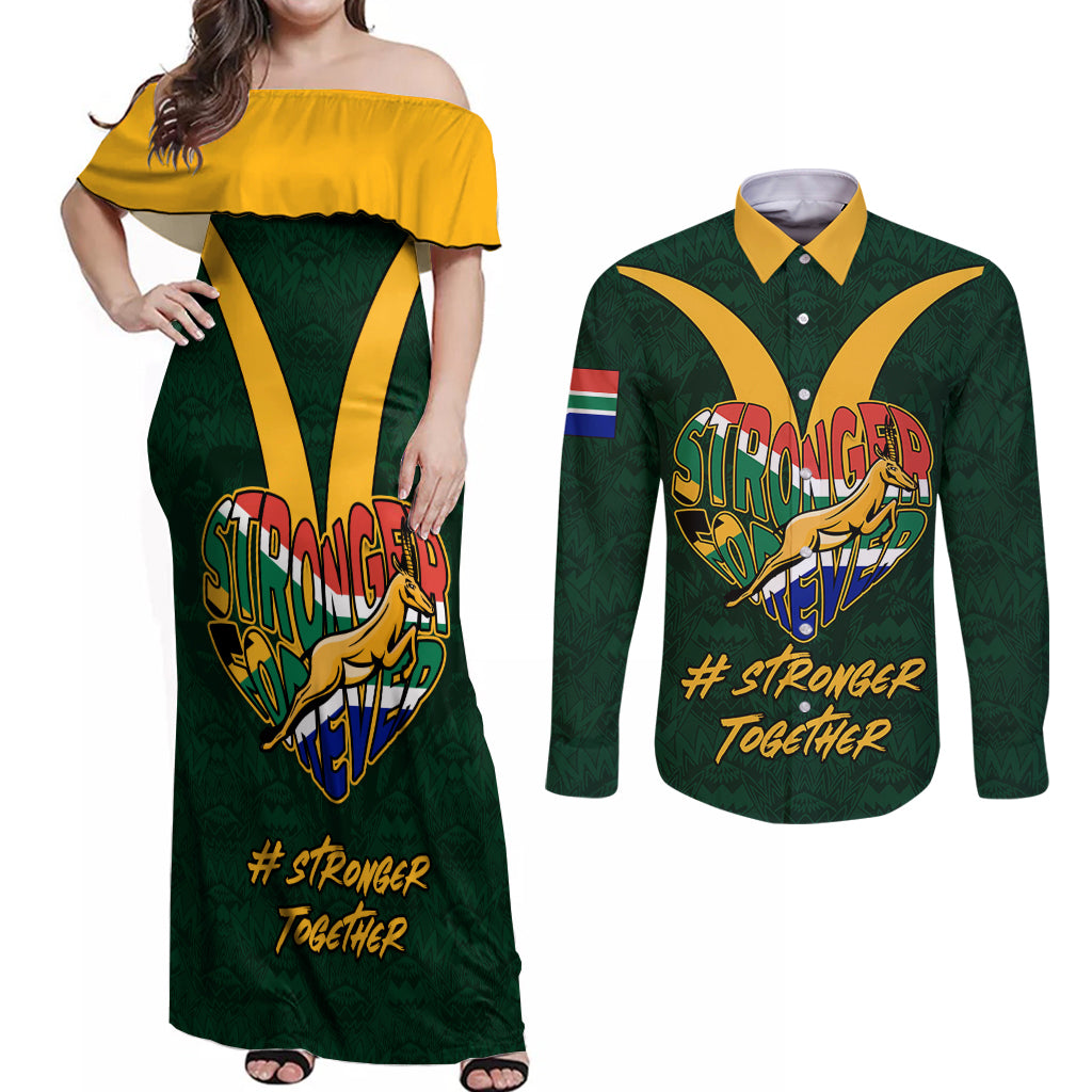 Custom South Africa Rugby Couples Matching Off Shoulder Maxi Dress and Long Sleeve Button Shirt Stronger Together Stronger Forever Bokke World Cup 2023 - Wonder Print Shop