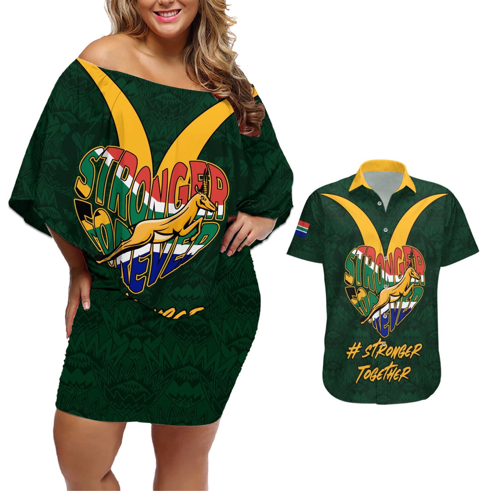 Custom South Africa Rugby Couples Matching Off Shoulder Short Dress and Hawaiian Shirt Stronger Together Stronger Forever Bokke World Cup 2023 - Wonder Print Shop