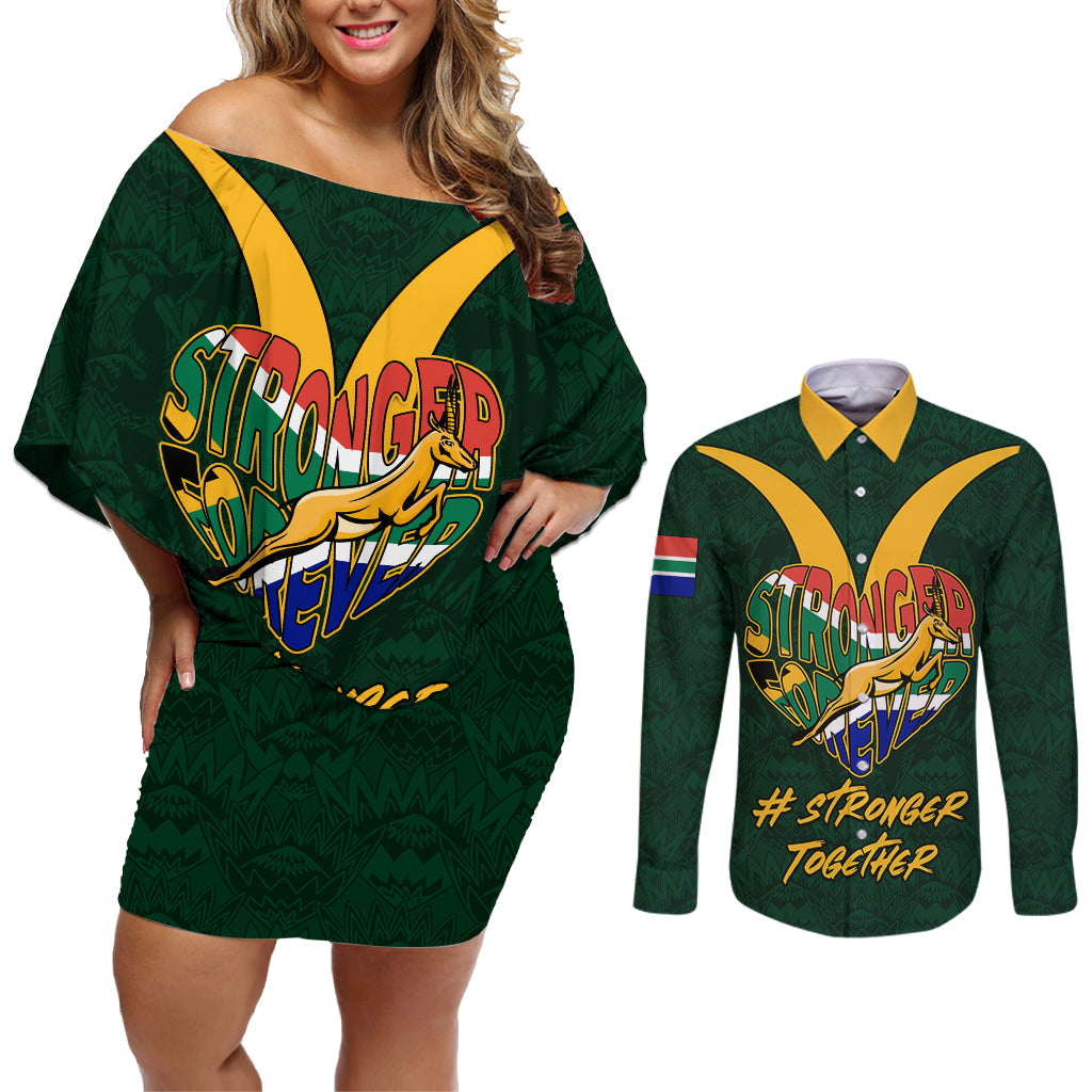 Custom South Africa Rugby Couples Matching Off Shoulder Short Dress and Long Sleeve Button Shirt Stronger Together Stronger Forever Bokke World Cup 2023 - Wonder Print Shop