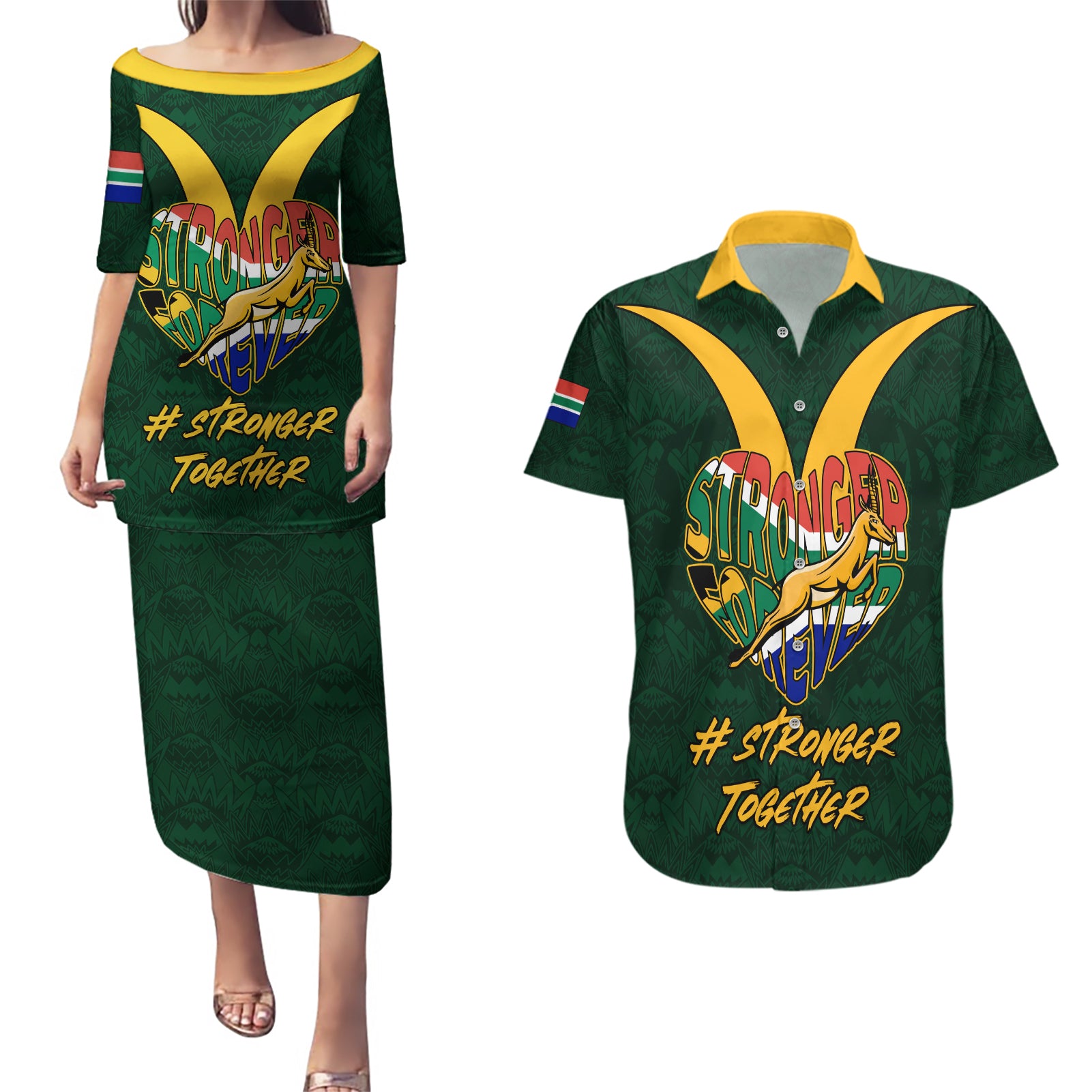 Custom South Africa Rugby Couples Matching Puletasi Dress and Hawaiian Shirt Stronger Together Stronger Forever Bokke World Cup 2023 - Wonder Print Shop