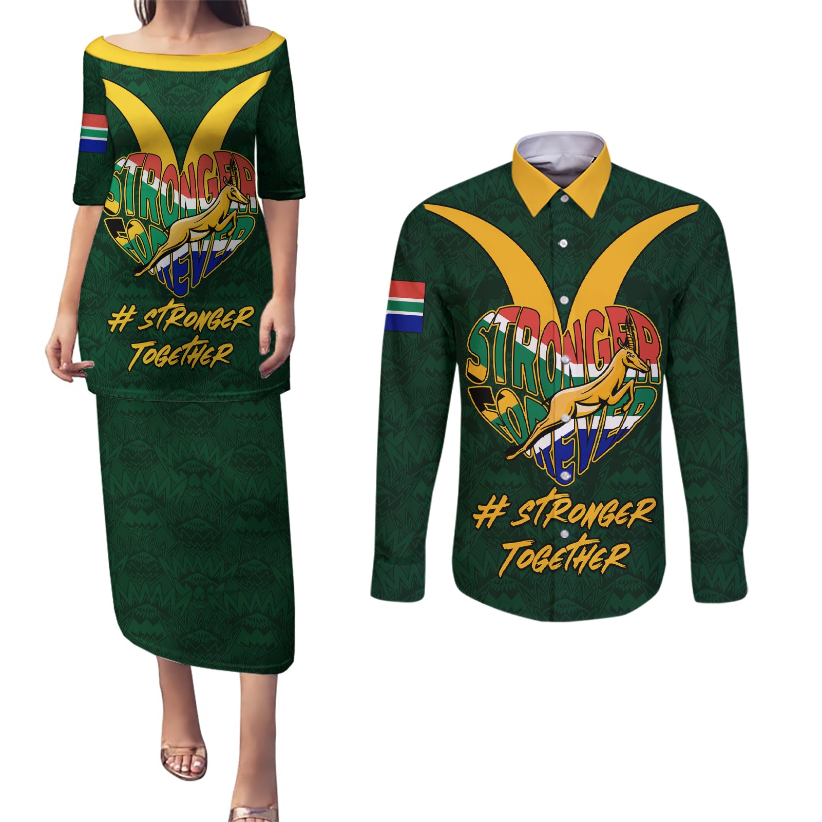 Custom South Africa Rugby Couples Matching Puletasi Dress and Long Sleeve Button Shirt Stronger Together Stronger Forever Bokke World Cup 2023 - Wonder Print Shop