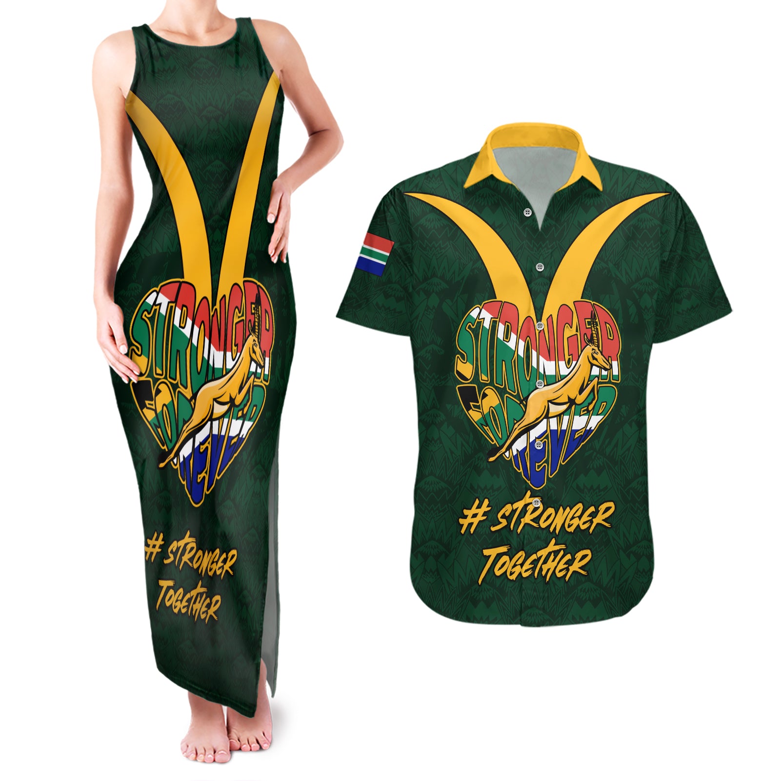 Custom South Africa Rugby Couples Matching Tank Maxi Dress and Hawaiian Shirt Stronger Together Stronger Forever Bokke World Cup 2023 - Wonder Print Shop