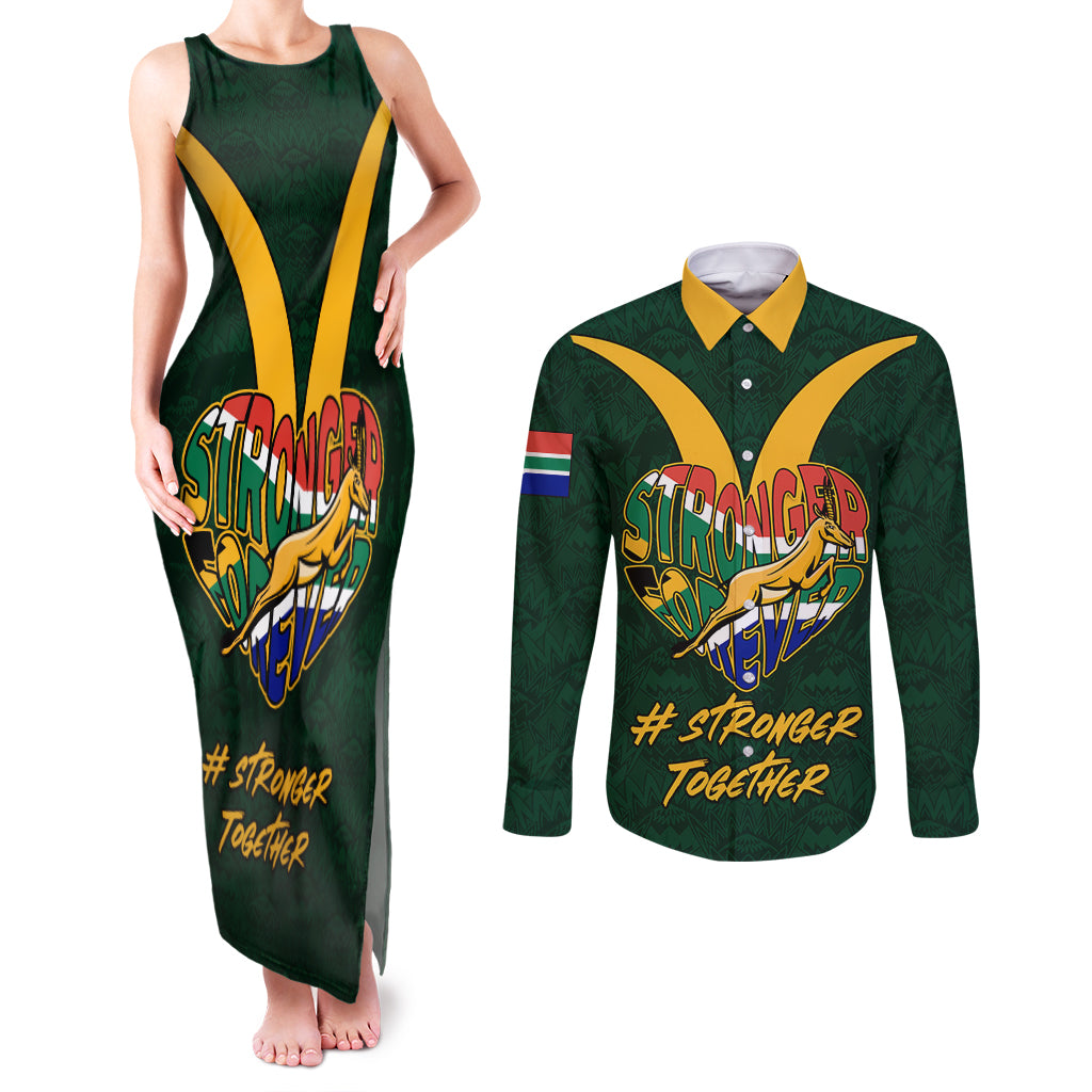 Custom South Africa Rugby Couples Matching Tank Maxi Dress and Long Sleeve Button Shirt Stronger Together Stronger Forever Bokke World Cup 2023 - Wonder Print Shop