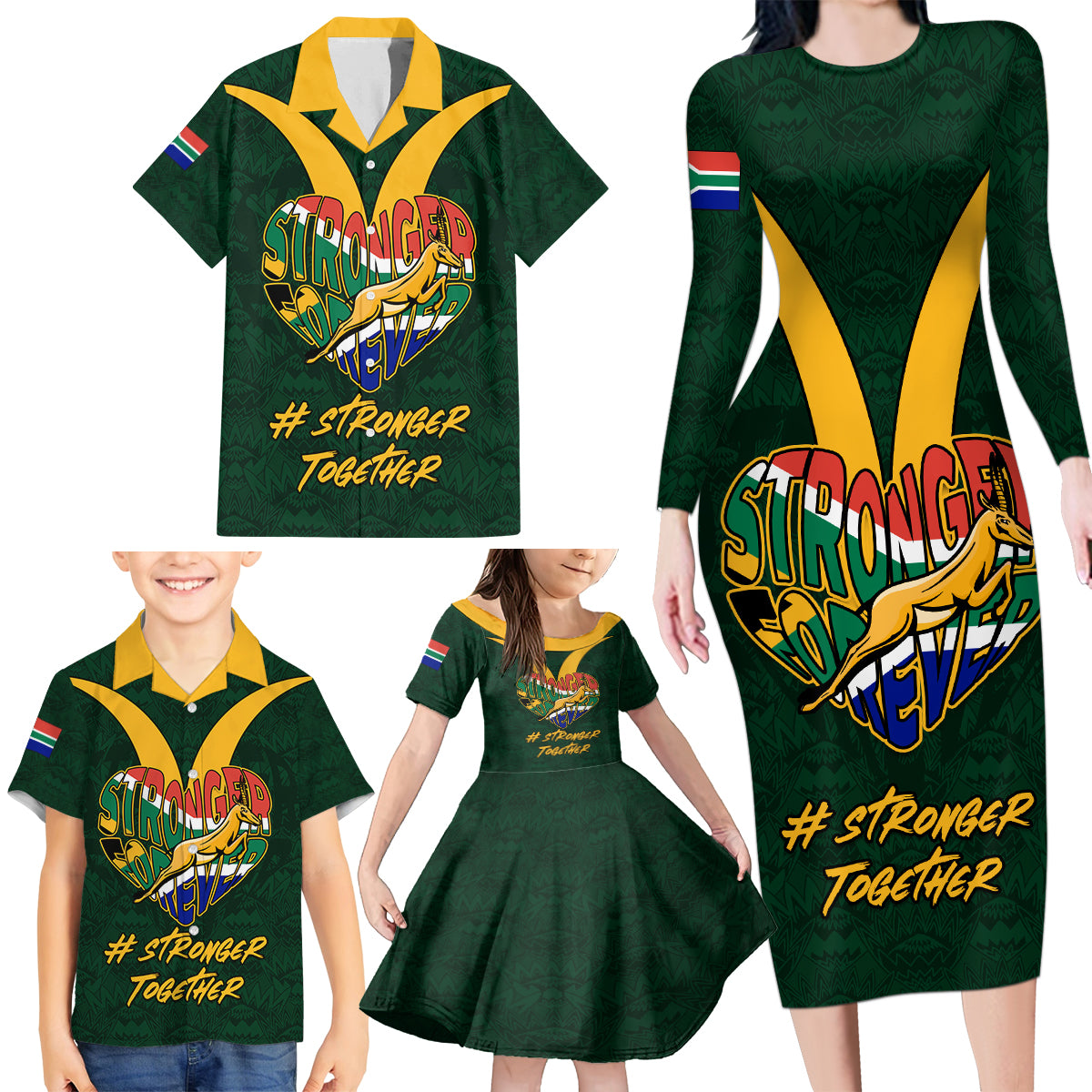 Custom South Africa Rugby Family Matching Long Sleeve Bodycon Dress and Hawaiian Shirt Stronger Together Stronger Forever Bokke World Cup 2023 - Wonder Print Shop