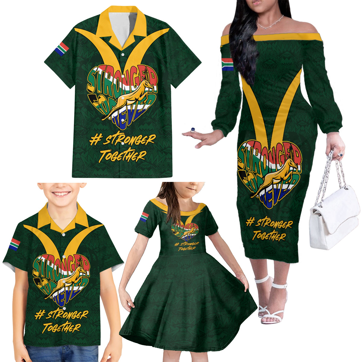 Custom South Africa Rugby Family Matching Off Shoulder Long Sleeve Dress and Hawaiian Shirt Stronger Together Stronger Forever Bokke World Cup 2023 - Wonder Print Shop