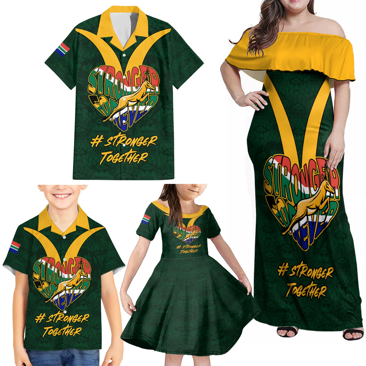 Custom South Africa Rugby Family Matching Off Shoulder Maxi Dress and Hawaiian Shirt Stronger Together Stronger Forever Bokke World Cup 2023 - Wonder Print Shop